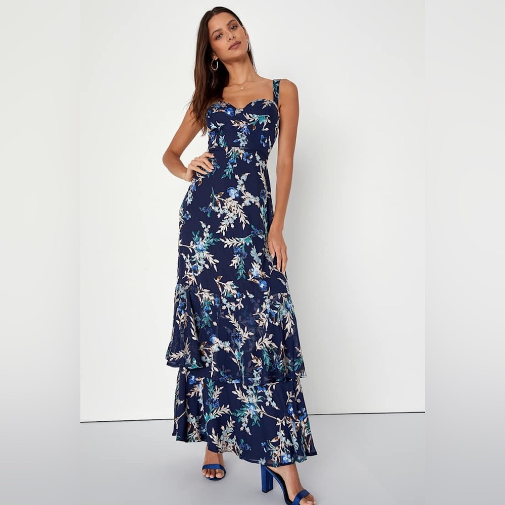 $98 NWT Lulus Stunning Sweetness Navy Blue Floral Burnout Maxi Dress XS - Picture 3 of 6